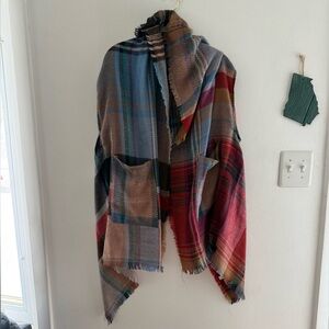 Colorful Plaid Fringe Shawl/Poncho with Pockets